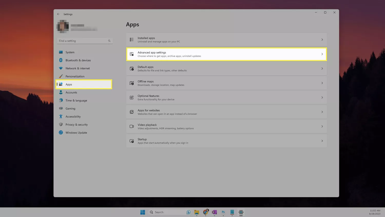 The 'Apps' tab and 'Advanced app settings' item highlighted in Windows 11 Settings.