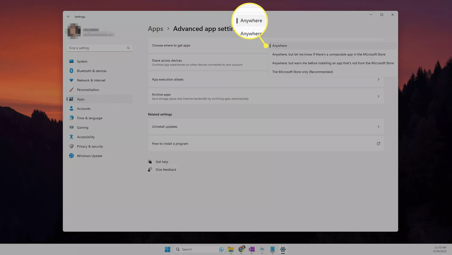 'Anywhere' highlighted in advanced app settings for Windows 11.