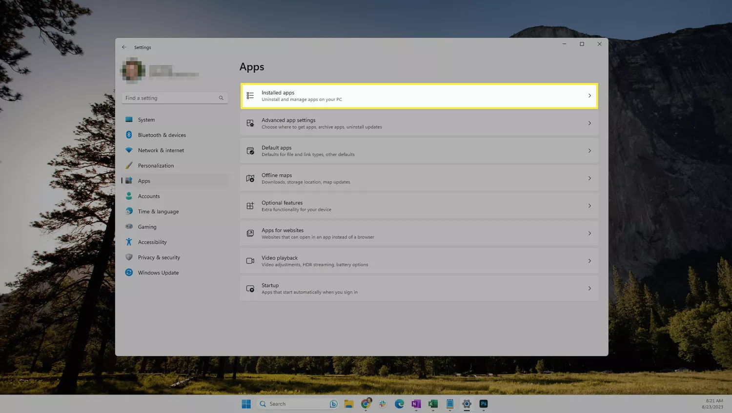 'Installed apps' highlighted in the Windows 11 Settings app.