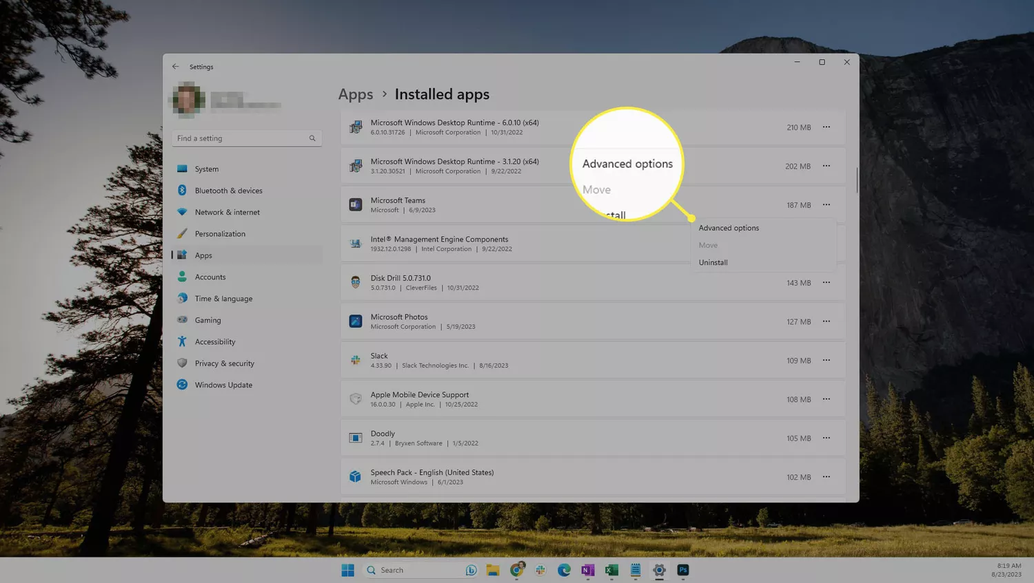 'Advanced options' highlighted in the Installed apps area of Windows 11 Settings.