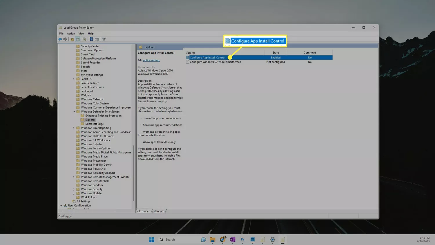 'Configure App Install Control' highlighted in the Local Group Policy Editor in Windows 11.