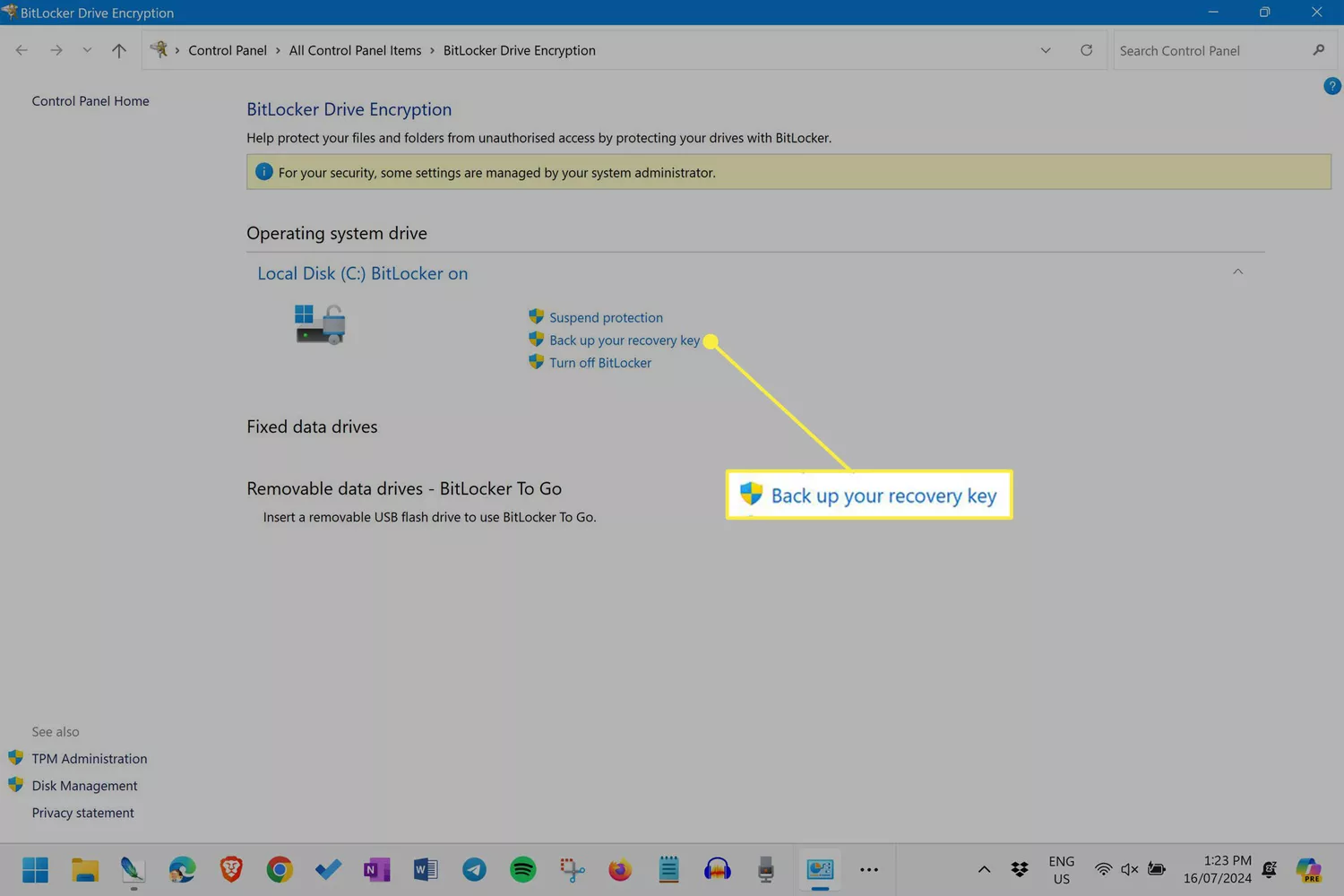 The BitLocker Drive Encryption screen in Windows 11 with the "Back up your recovery key" option highlighted