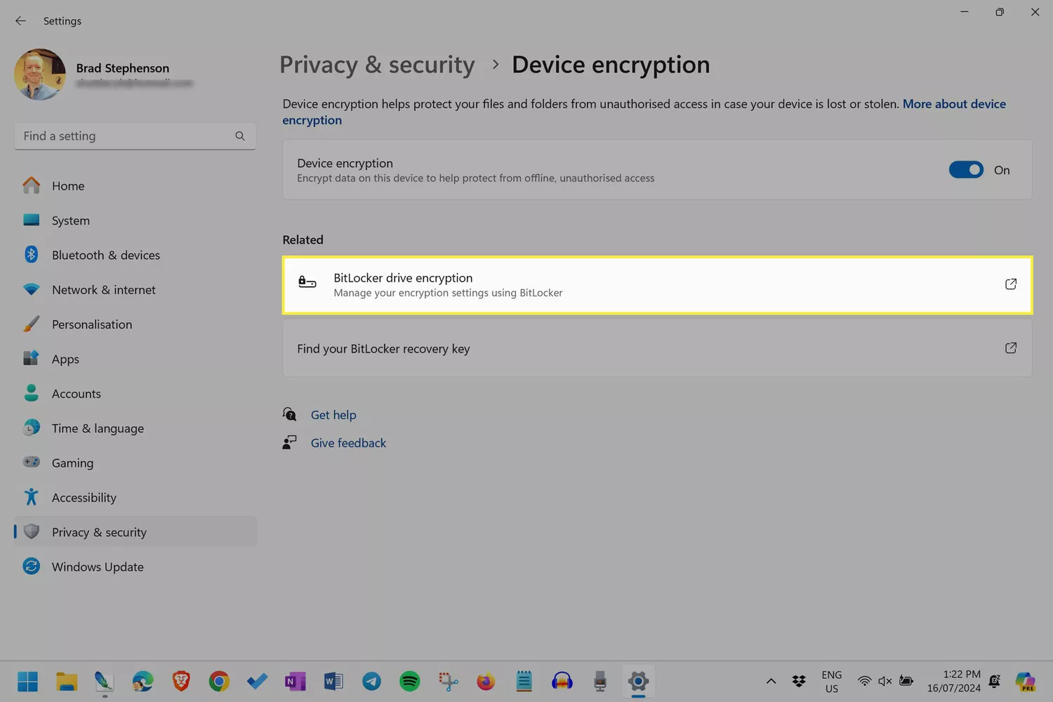 The Windows 11 Settings app with the BitLocker drive encryption highlighted