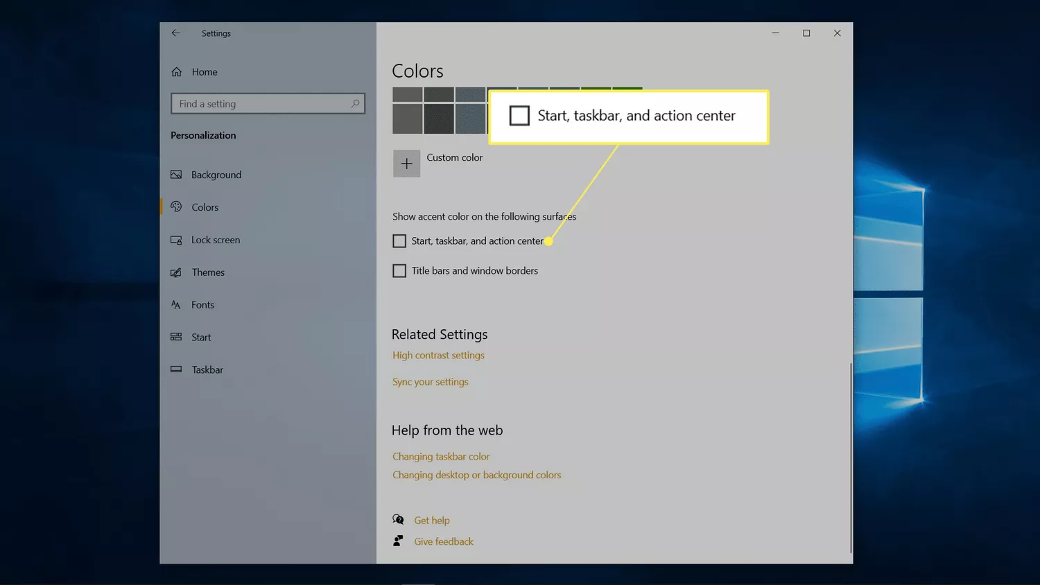 Start, taskbar, and action center highlighted in Windows color settings.