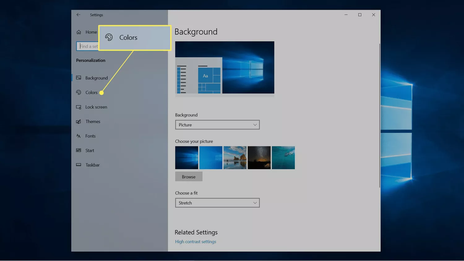 Colors highlighted in Windows personalization settings.