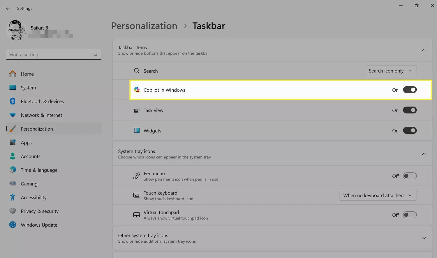 Toggle switch for Copilot button in Windows 11 Settings