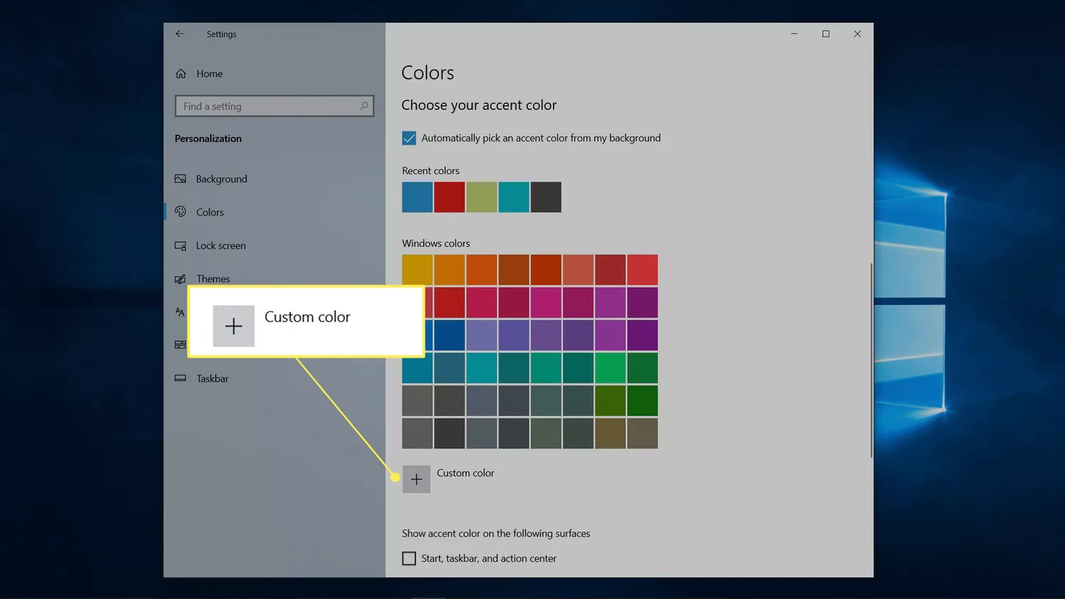 Custom color highlighted in Windows color settings.