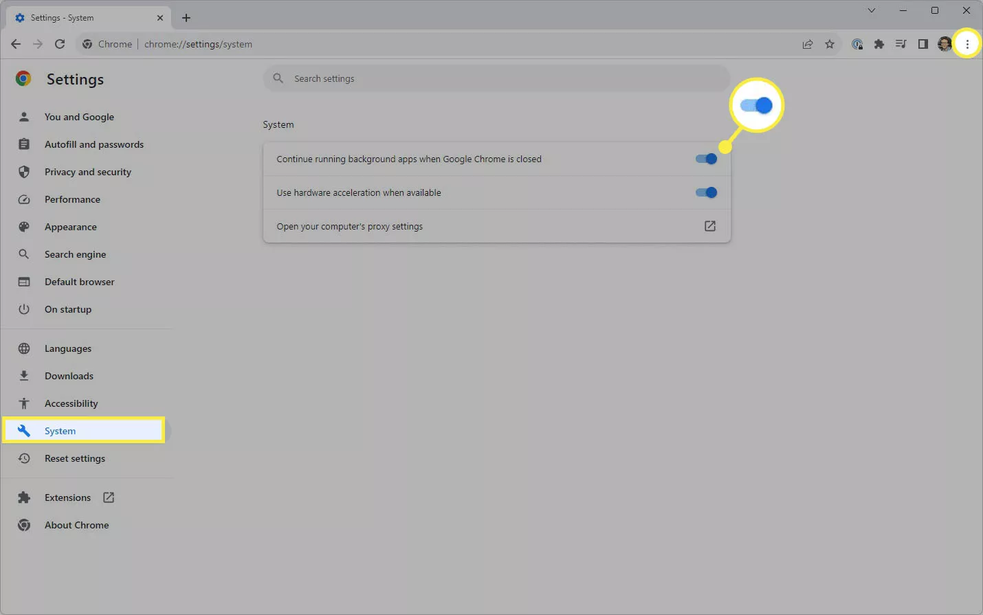 'System' tab and 'Continue running background apps when Google Chrome is closed' toggle highlighted in Chrome's settings.