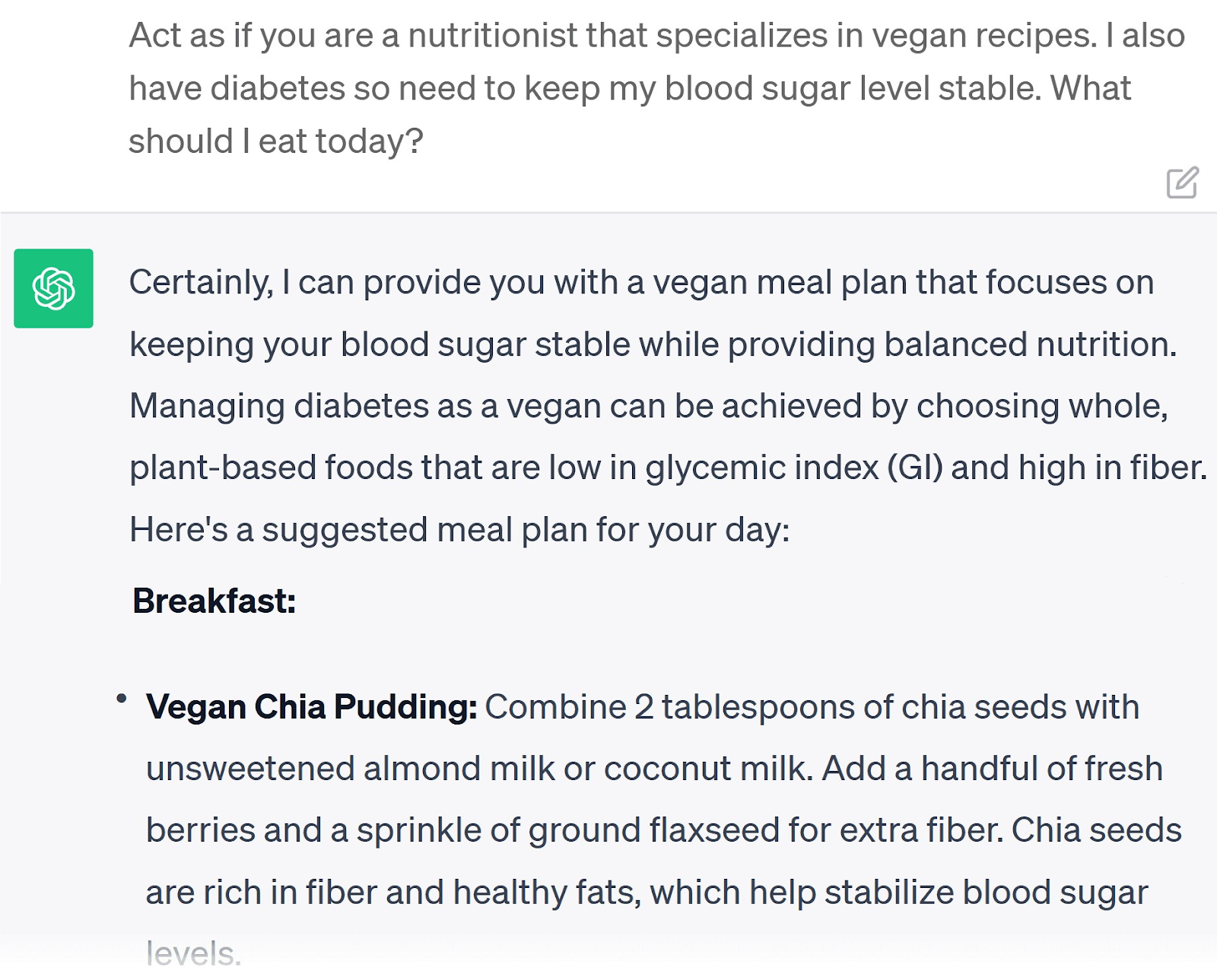 A prompt asking ChatGPT to “Act as if you are a nutritionist...” to suggest what a user should eat today