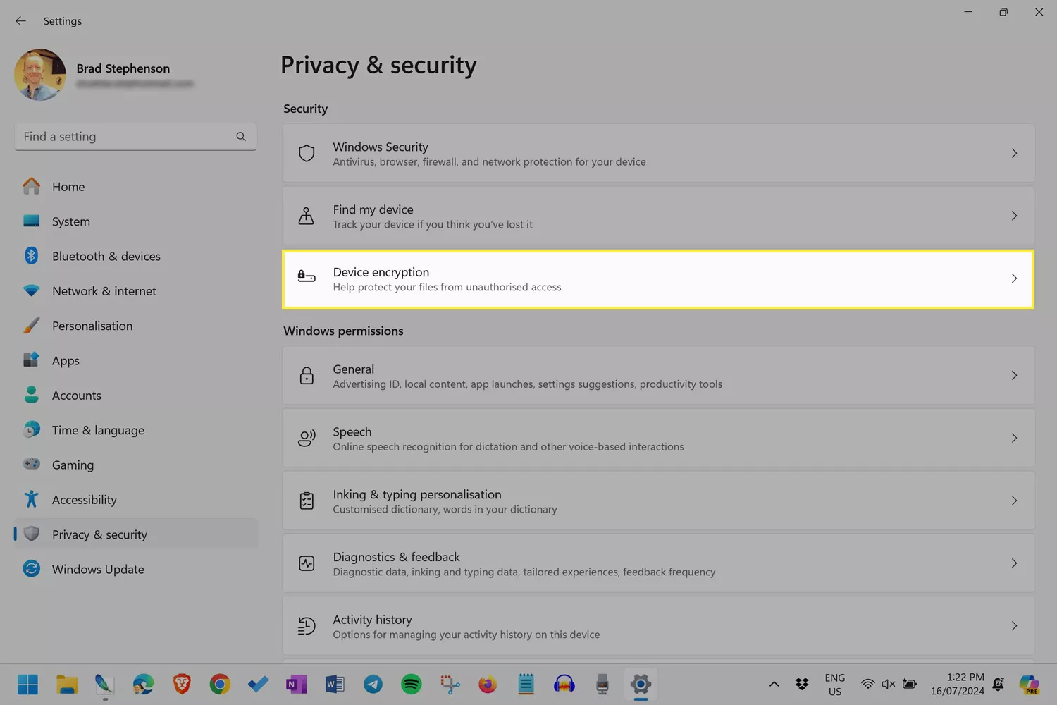 The Windows 11 Settings app with the Device encryption menu item highlighted