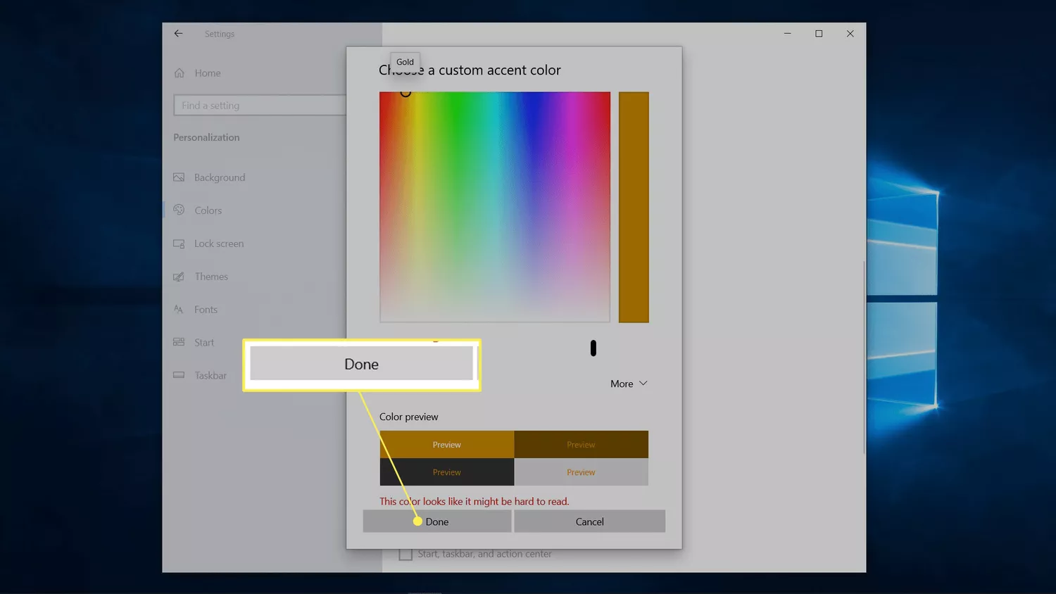 Done highlighted in the Windows color picker.