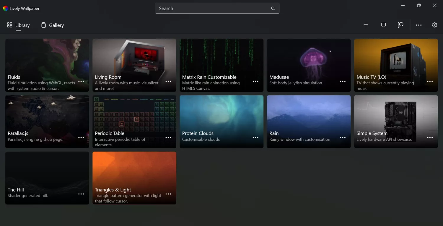 The main screen of Lively Wallpaper on Windows 11