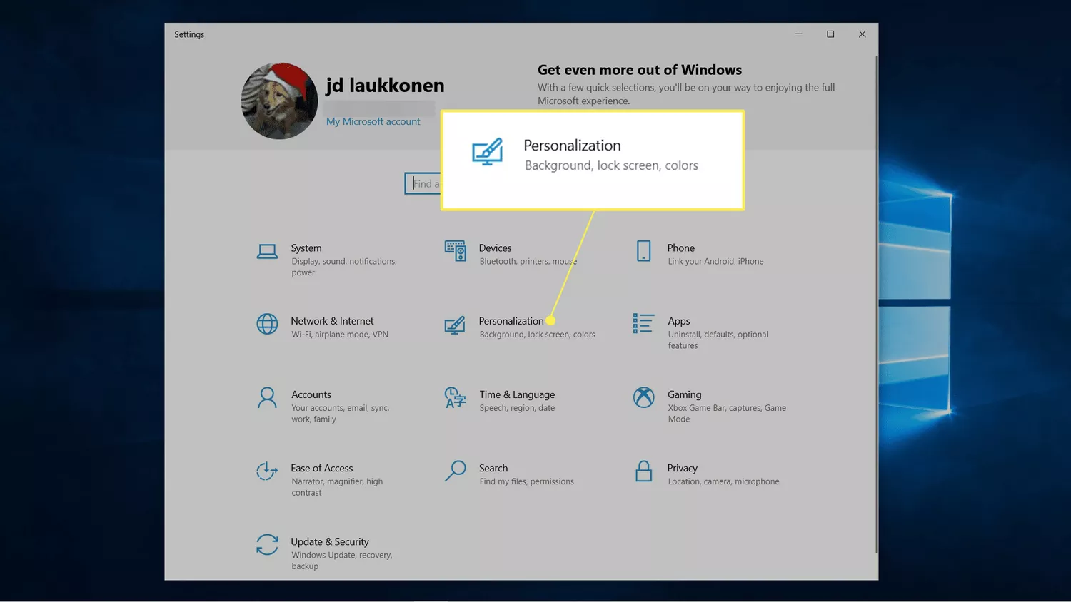 Personalization highlighted in Windows 10 settings.