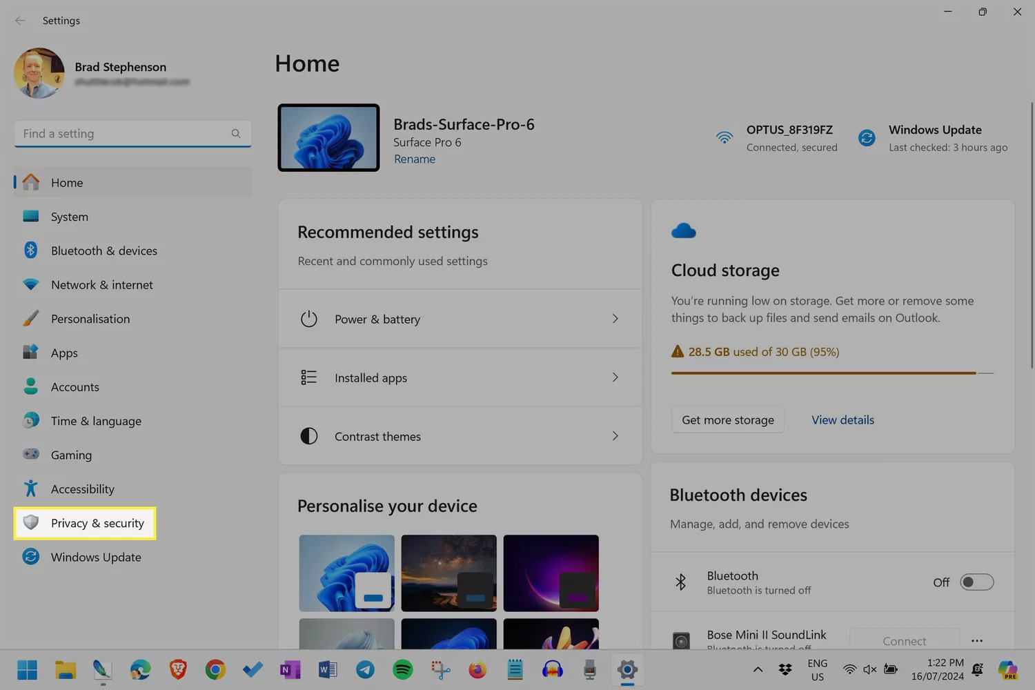 Windows 11 Settings app with the Privacy & security menu item highlighted.