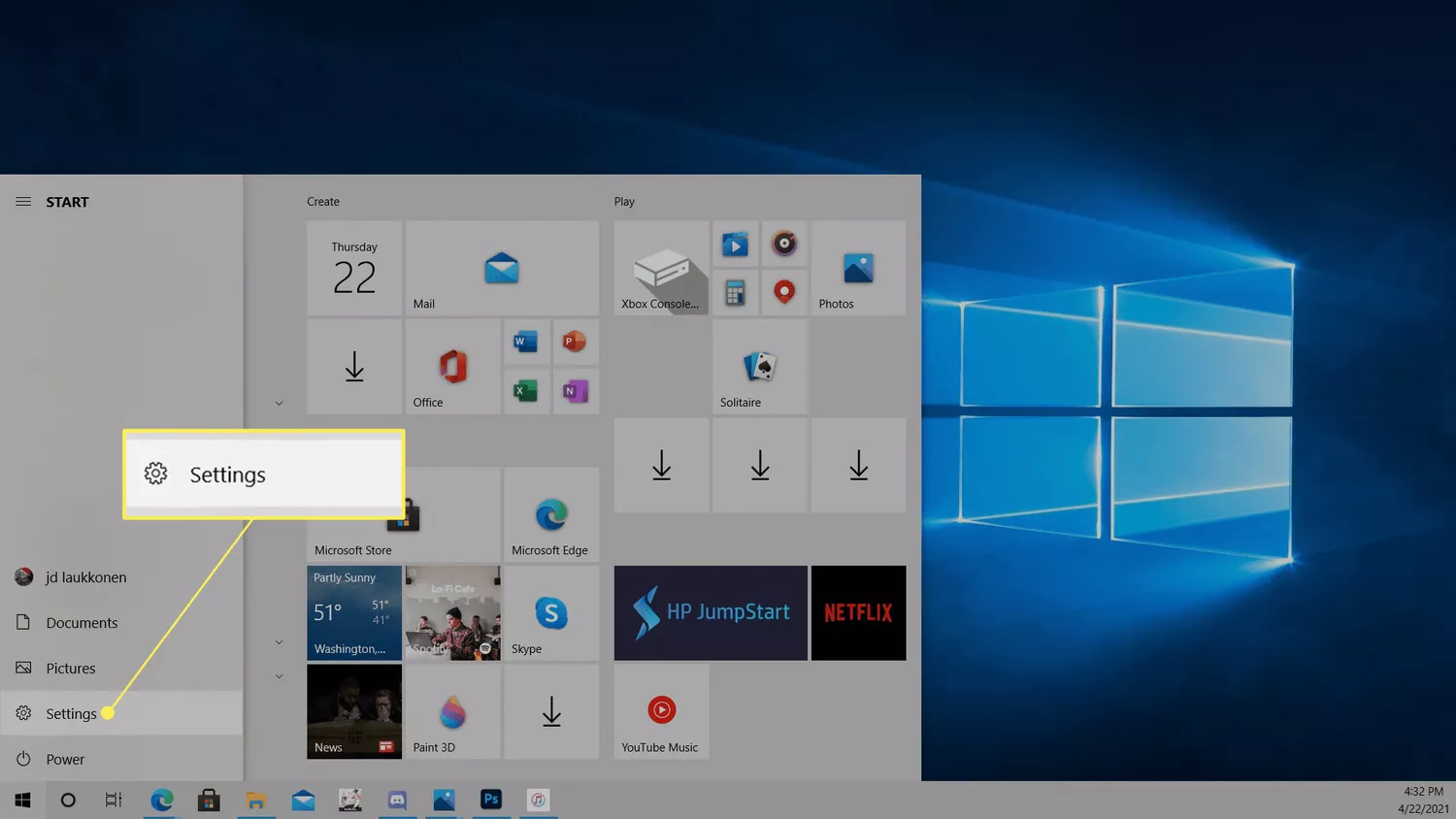 Settings highlighted in the Windows 10 start menu.