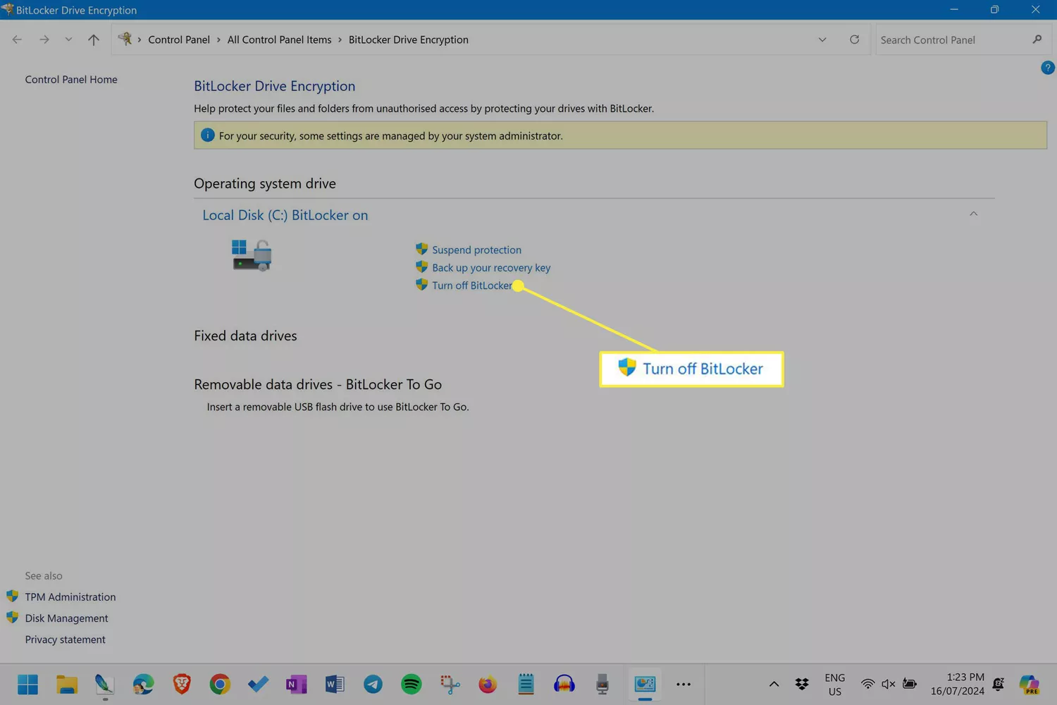 The Windows 11 Control Panel BitLocker screen with the "Turn off BitLocker" option highlighted