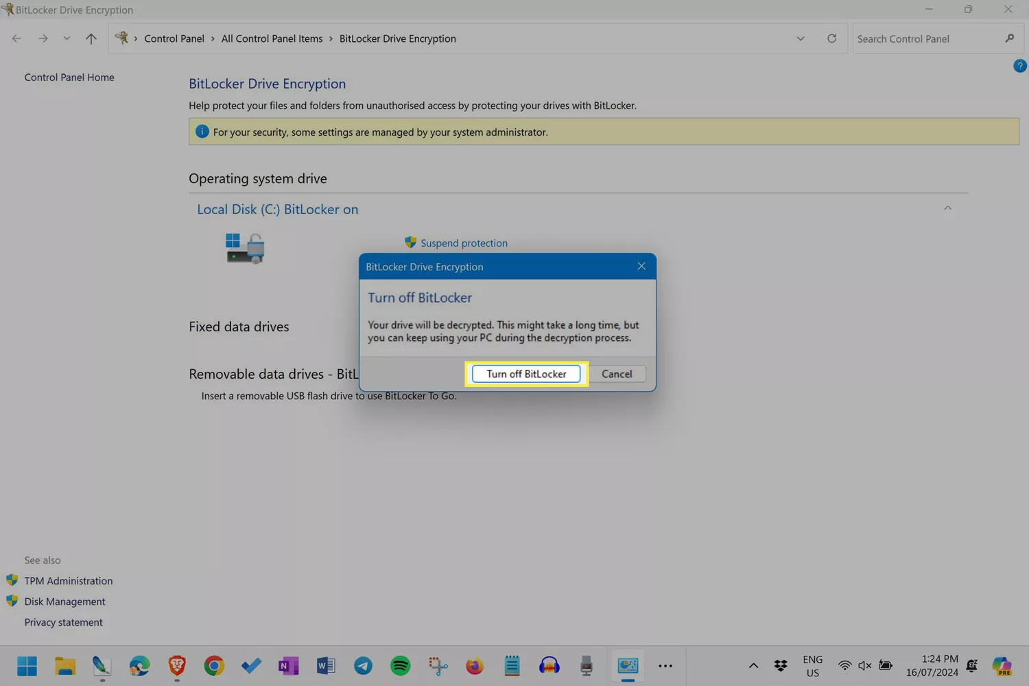 The Windows 11 popup prompt box with "Turn off BitLocker" highlighted