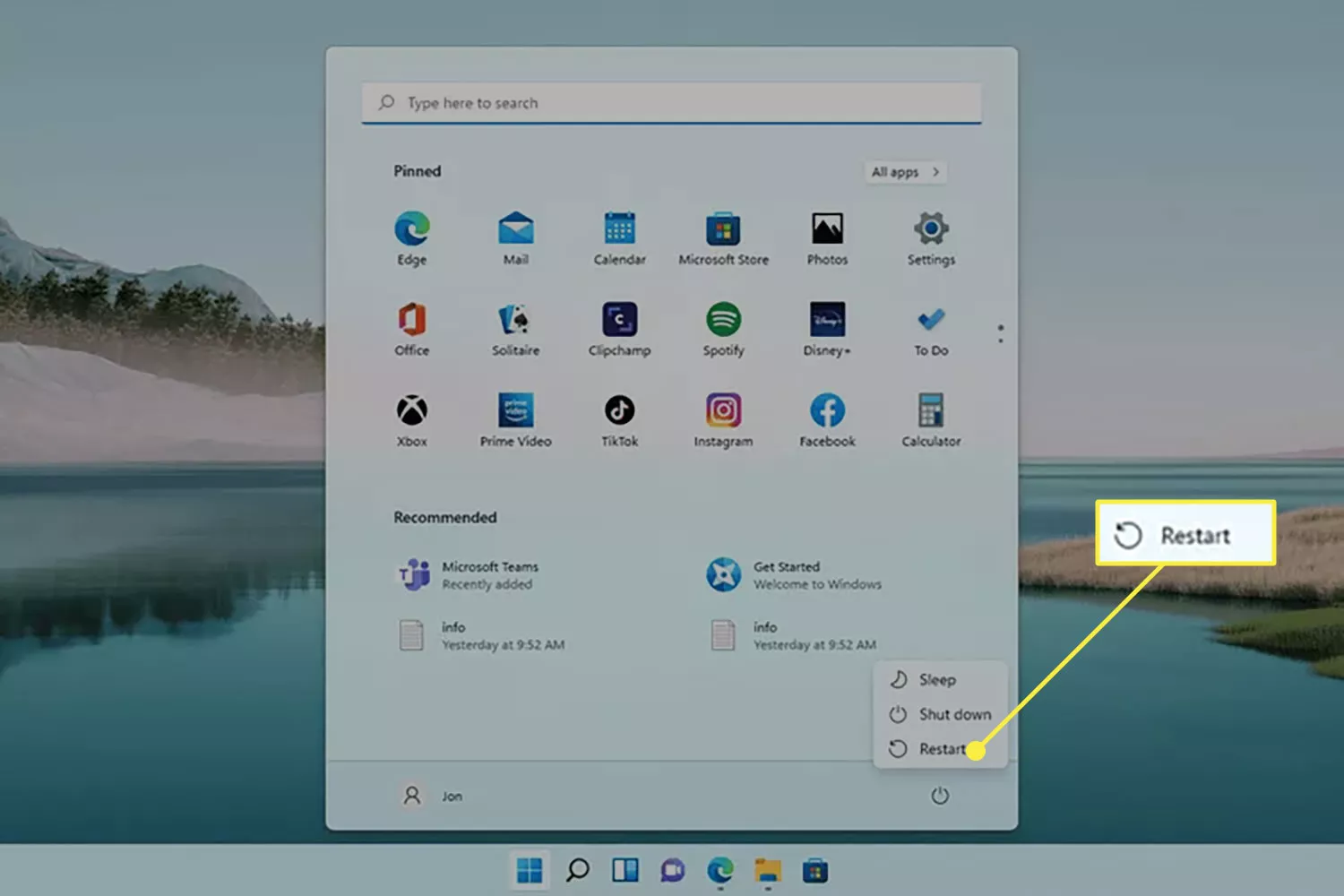 The Restart option under the Windows 11 Start menu