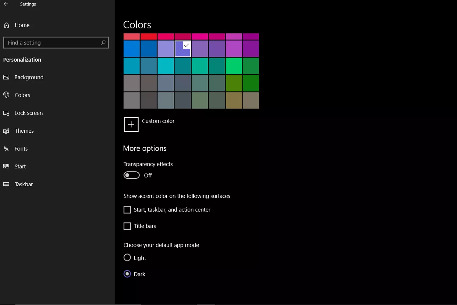 Colors menu in Windows 10. This menu houses the dark mode option.